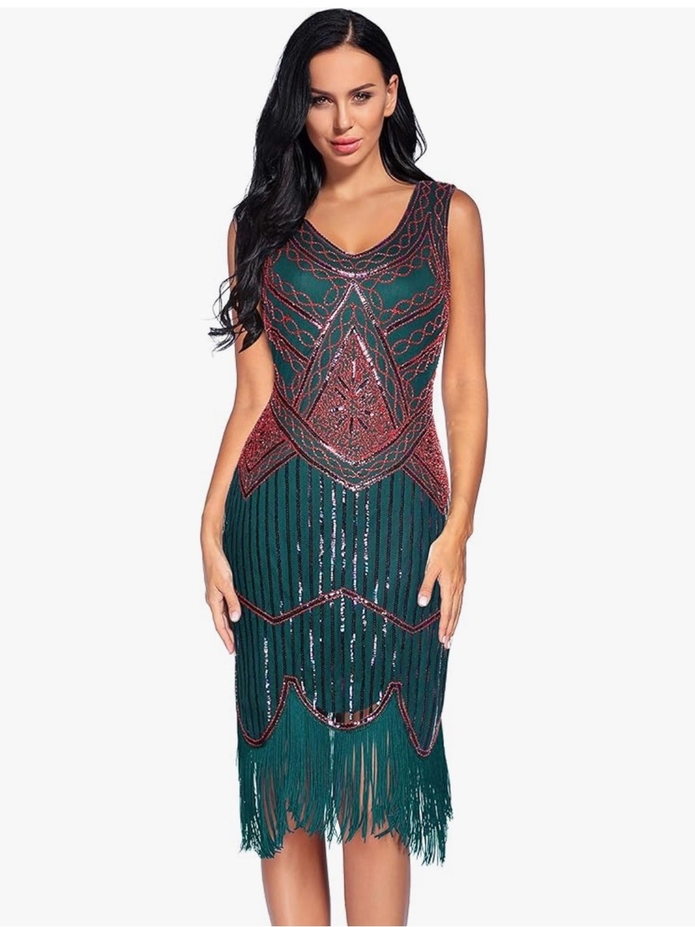Emerald Green Beaded Fringe Sleeveless Dress